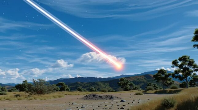 Dramatic Meteor Streaks Across Clear Blue Sky Over Serene Landscape with Rolling Hills, Scattered Trees, and Fluffy Clouds, Creating Sense of Wonder and Awe in Natures Scenery