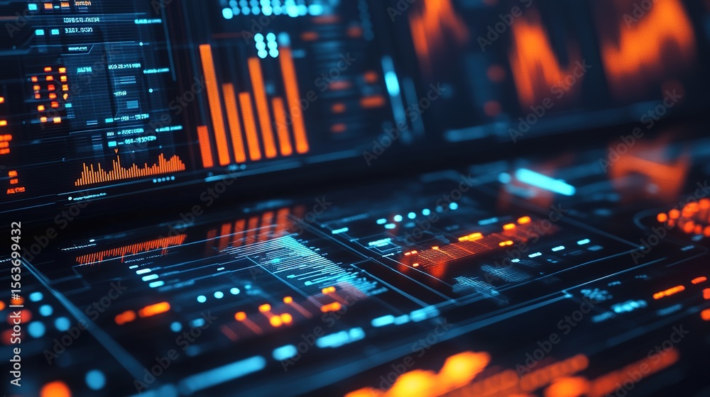 Poster close-up of digital screens displaying futuristic financial data and analytics with glowing orange a