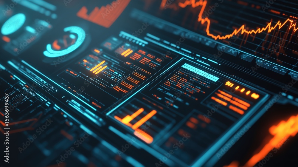 Poster futuristic digital interface displaying data analytics, charts, and graphs with neon blue and orange