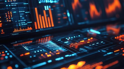 Close-up of digital screens displaying futuristic financial data and analytics with glowing orange and blue graphical interfaces.