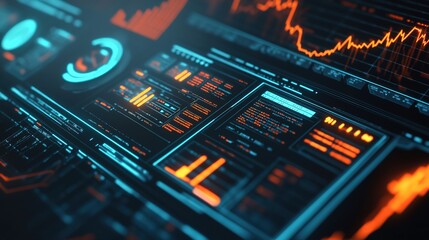 Futuristic digital interface displaying data analytics, charts, and graphs with neon blue and orange highlights on a dark background.