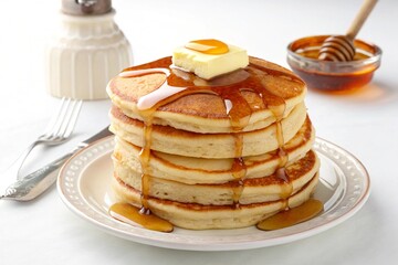 Stack of Buttermilk Pancakes with Maple Syrup – Studio Image on Pure White Background