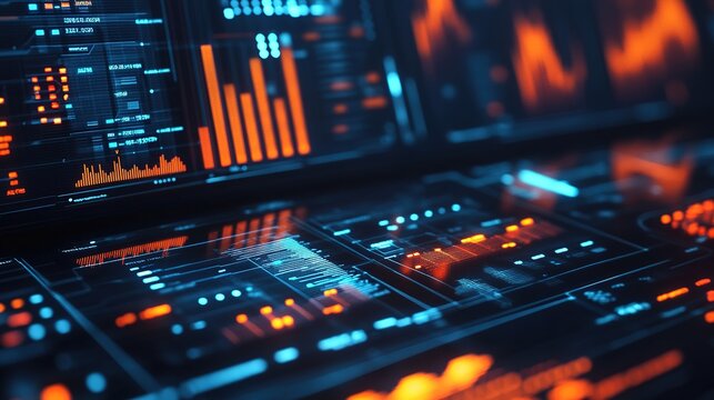 Close-up of digital screens displaying futuristic financial data and analytics with glowing orange and blue graphical interfaces.