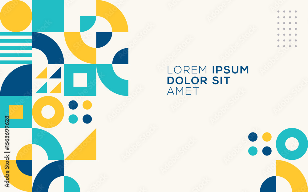 Poster Abstract geometrical design with yellow turquoise and blue elements and text on a beige background