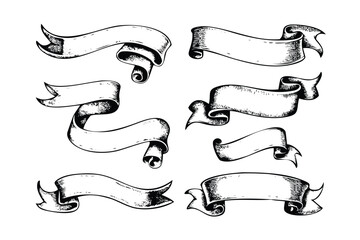 Scrolls & Ribbon Banners Vector Engraving Set. Detailed Monochrome Parchment Icons & Symbols. Vintage Stipple & Hatching Illustrations