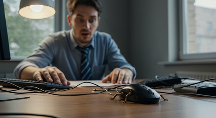 Shocked businessman discovers a tiny insect-like device attached to his computer mouse, a symbol of unexpected technological intrusion.