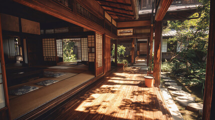 Naklejka premium 伝統的な日本家屋の縁側と和室から眺める緑豊かな庭