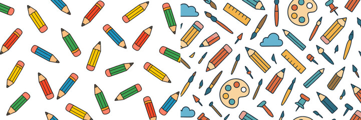 Colorful art supplies arranged randomly on a white background ideal for educational purposes and creative projects