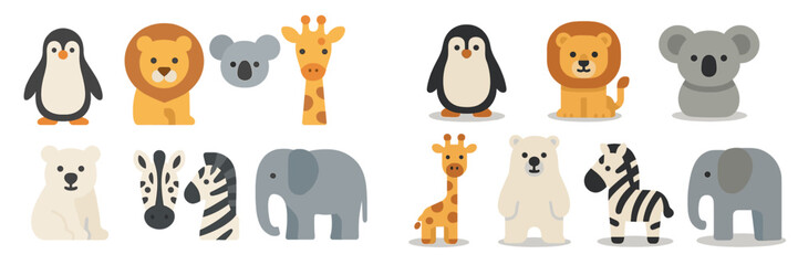 Cute cartoon animals arranged in rows showcasing diversity from different habitats and regions for educational purposes