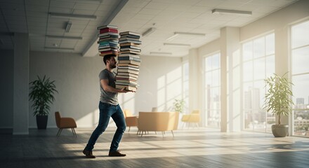 Young man struggles under the weight of a massive stack of books, navigating a bright, modern interior space.