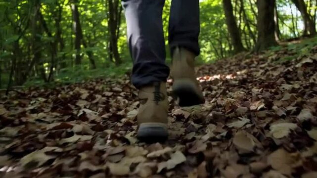Brown hiking boots stepping across woodland trail scattered with colorful dried leaves and twigs