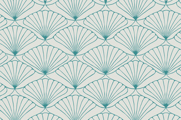 Seamless art deco shell pattern in teal on white background © Maxim Borbut