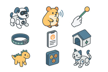 Colorful pet illustrations featuring a robot dog, a hamster, and a cat with accessories in a playful design setting
