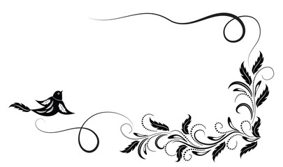 Decorative image stylized bird with floral flourish curling lines and leaf motifs in monochrome © Neko funny
