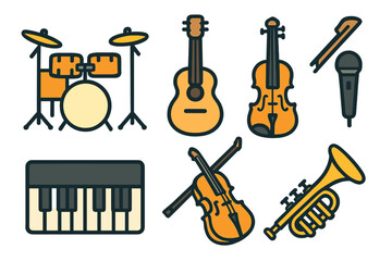 Colorful illustration of various musical instruments arranged in a creative layout featuring drums, guitars, violins, and a microphone