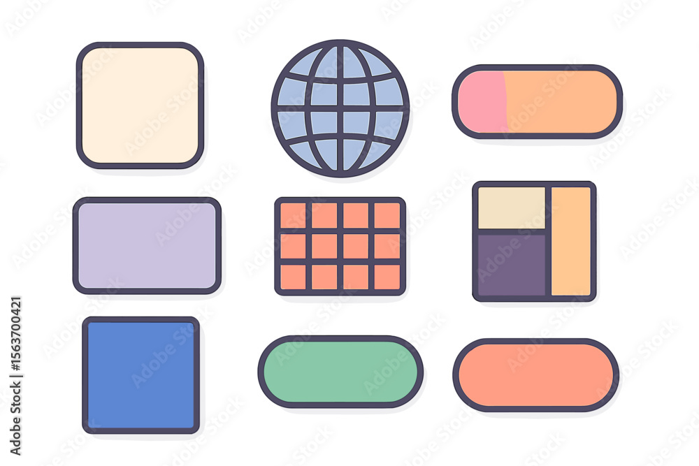 Poster colorful digital interface elements arranged in a grid pattern for web and application design