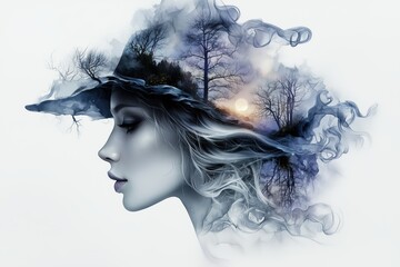 Dreamy double exposure portrait of woman with moonlit forest scene for creative inspiration and fantasy.