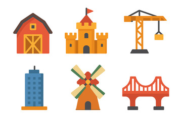 Colorful collection of building icons with farm, castle, crane, skyscraper, windmill and bridge designs