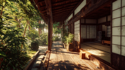 Fototapeta premium 縁側に差し込む陽光と緑あふれる日本家屋の夏