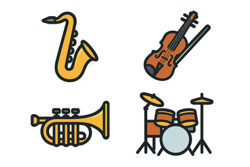 Variety of musical instruments displayed in a creative design featuring a saxophone, violin, trumpet, and drums
