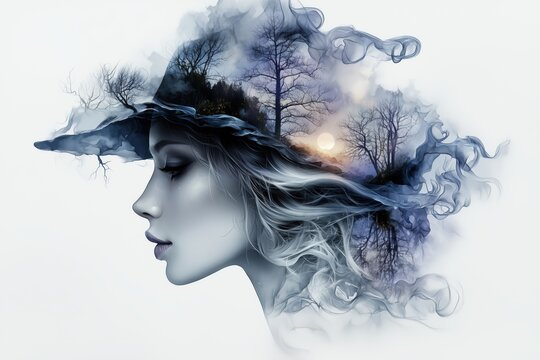 Dreamy double exposure portrait of woman with moonlit forest scene for creative inspiration and fantasy.