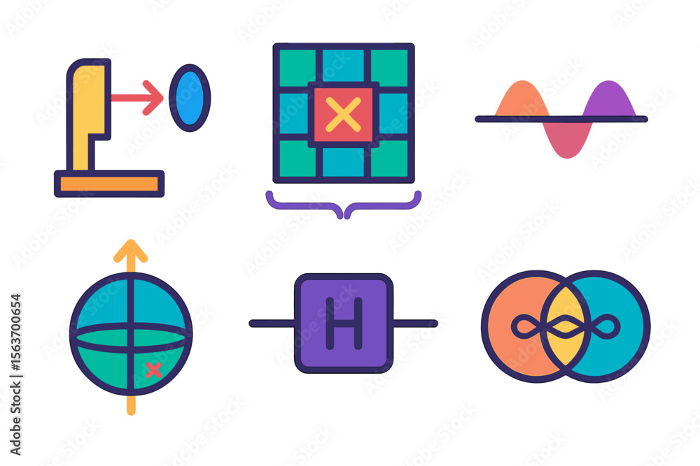 Poster visually appealing geometric shapes and symbols illustrating mathematical and scientific concepts in