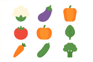 Colorful collection of vegetables featuring various shapes and sizes arranged in a grid on a simple background