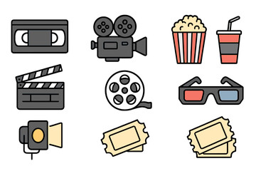 Film equipment and movie-themed items depicting a classic cinema experience with popcorn and tickets