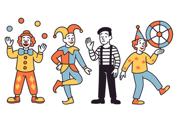 Clowns performing various acts at a circus event during the day in a festive atmosphere