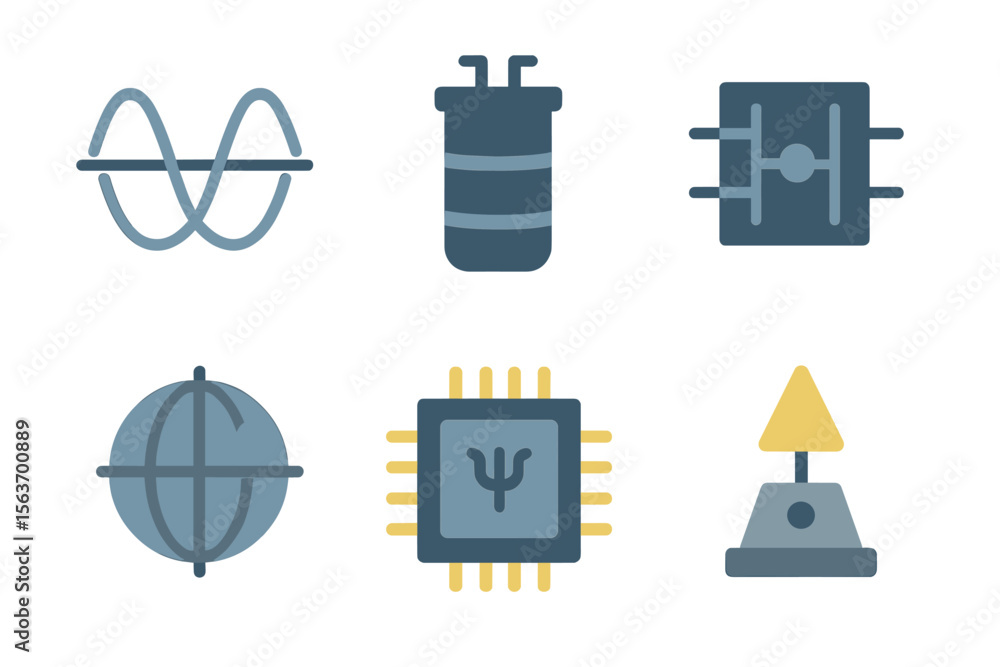 Poster symbols and icons representing physics and electronics concepts in a modern style with a minimalist 