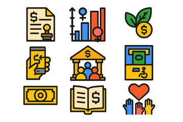 Financial management and investment concepts illustrated through colorful icons and symbols