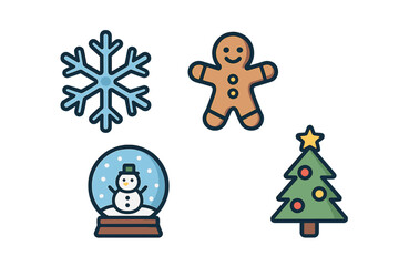 Festive winter decorations featuring snowflakes, gingerbread, a snow globe, and a Christmas tree