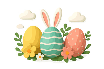 Colorful Easter eggs and a bunny set in a cheerful spring landscape with flowers and clouds