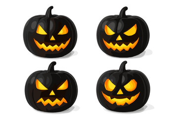 Unique black Halloween pumpkins with glowing faces display spooky expressions on a white background