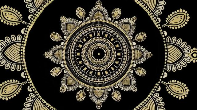 Intricate Mandala Design with Circular Patterns and Geometric Motifs on a Black Background