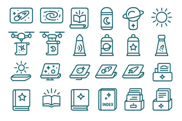 Fototapeta premium Sci-fi themed icon set with drones, books, planets, and star maps