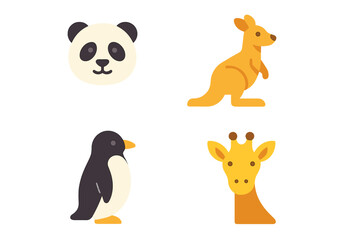 Cute animals illustrated in vibrant colors showcasing a panda, kangaroo, penguin, and giraffe