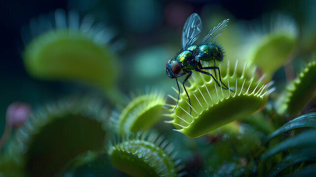 A vibrant green fly perches precariously on the open leaves of a Venus flytrap in a close up view, dangerous nature.