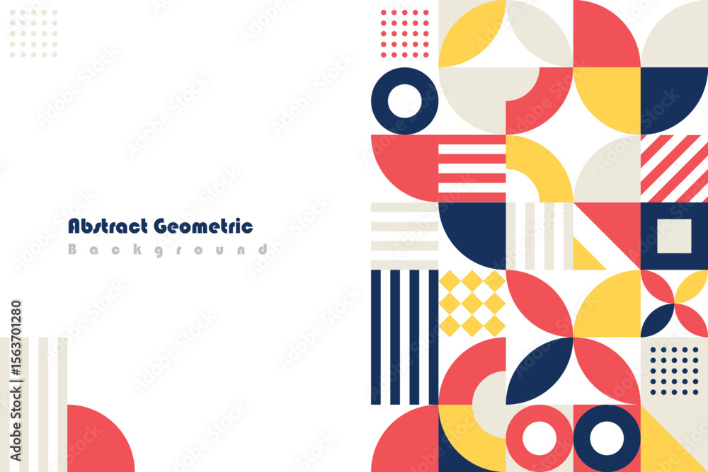 Poster Geometric abstract background with colorful circles squares and stripes pattern on white
