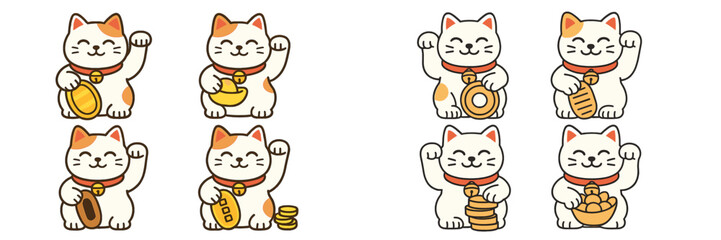 Charming cat illustrations showcasing various activities related to luck and prosperity in a playful manner