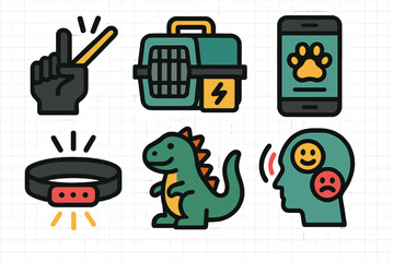 Fun and creative illustrations of pet care tools and accessories in a vibrant, playful style