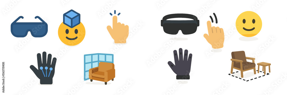 Poster virtual reality tools and icons illustrate immersive technology for interactive experiences easily r