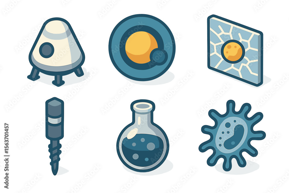 Poster colorful illustrations showcasing various scientific concepts and objects related to space and biolo