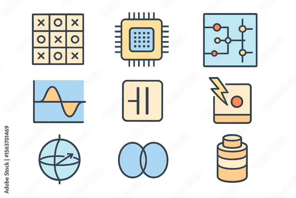 Poster designs featuring various technological concepts and game structures in a creative arrangement for e