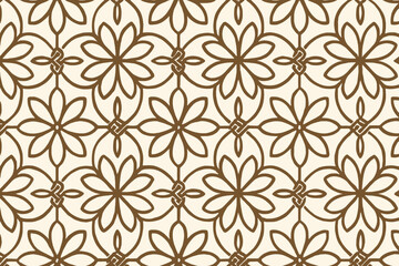 Fototapeta premium Seamless floral lattice pattern with brown line art on cream background
