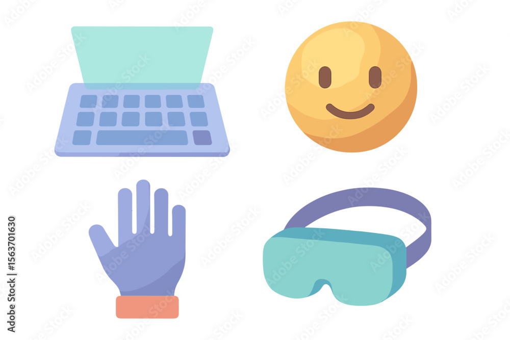 Poster digital tools and symbols representing technology, communication, and virtual interaction in a moder