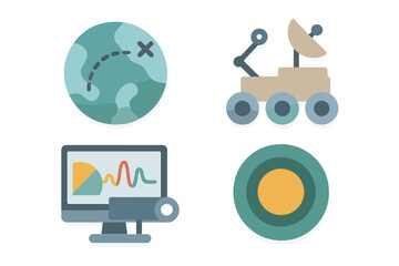 Exploration concepts featuring a map, rover, computer analysis, and satellite for scientific discovery