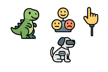 Cute dinosaur and dog icons in playful expressions showcasing emotions and interactions