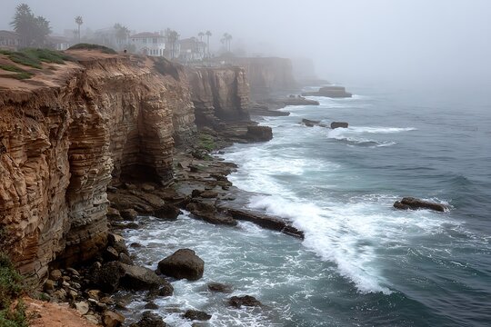 Vibrant coastal cliffside pale fog ocean waves view  
