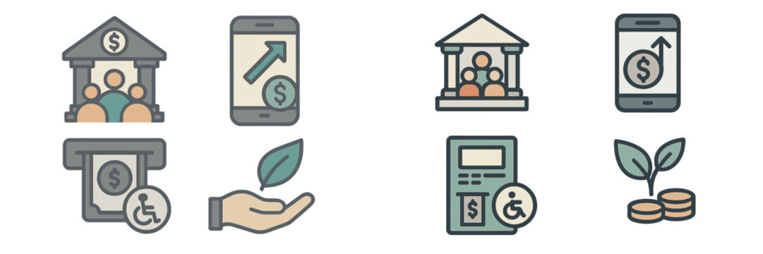 Icons representing online banking, mobile transactions, and financial services with a focus on accessibility and sustainability in finance